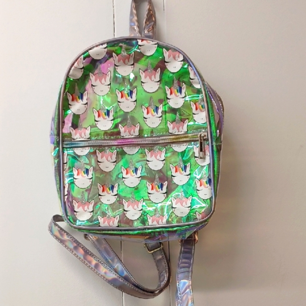 Iridescent Unicorn Rnbow Print Mini Backpack.Transparent -Ombre Color Zippers!